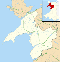 Mapa konturowa Gwynedd, blisko centrum na prawo znajduje się punkt z opisem „EJ Trawsfynydd”