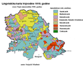 Jezički sastav stanovništva Vojvodine po naseljima 1910. Napomena: mapa rađena na osnovu podataka o govornom jeziku sa popisa iz 1910. godine i ne podudara se sa brojnošću etničkih grupa u pojedinim mestima (Novom Sadu, Zrenjaninu, Subotici, itd), budući da su se nekim jezicima (u prvom redu mađarskim) služili pripadnici različitih etničkih grupa (Mađari, Jevreji, Bunjevci, itd.)