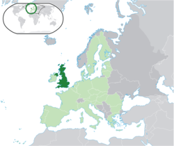 Location of the  Yunaitet Kingdom  (dark green) – on the European continent  (light green & dark grey) – in the European Union  (light green)