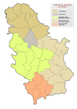 Location of Šumadija and Western Serbia (yellow green) in Serbia