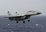 Ett indiskt stridsflygplan av modellen Mikojan-Gurevitj MiG-29K.