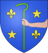 Escudo de la comuna francesa de Thiron-Gardais, con un brazo diestro de carnación que sostiene un báculo de obispo