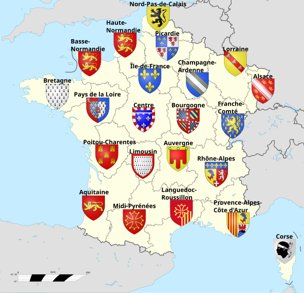Map o mainland France's regions an thair respective historical an military flags.