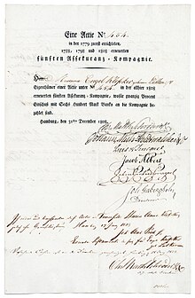 Aktie der Fünften Assekuranz-Kompagnie über 3.000 Mark Banko, ausgestellt in Hamburg am 31. Dezember 1808, im Original unterschrieben u. a. von dem Hamburger Bürgermeister Christian Matthias Schröder. In der Satzung der 1779 von dem Kaufmann Ulrich Moller gegründeten Kompagnie wurde der Unternehmenszweck wie folgt beschrieben: „Die Gesellschaft übernimmt Assecuranzen auf Gefahren zur See, auf Flüssen und bei Versendungen zu Lande, auf Hafen-, Revier- und Feuer – Gefahr“. Das Ende der Kompagnie ist eng mit dem großen Hamburger Brand vom 5. Mai 1842 verbunden.