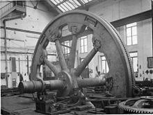 Rolling mill flywheel.[72] The wheel is rotated by the pinion on the right.