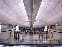 The futuristic interior roof of Hong Kong International Airport