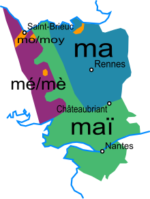Carte de la Haute-Bretagne montrant les variations de prononcation de « moi » selon les régions.