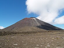 Vue du mont Ngauruhoe, volcan de Nouvelle-Zélande ayant servi de décor naturel pour le Mont Destin dans l'adaptation cinématographique du Seigneur des anneaux de Peter Jackson.