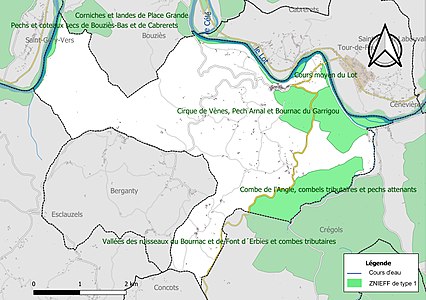 Carte des ZNIEFF de type 1 sur la commune.