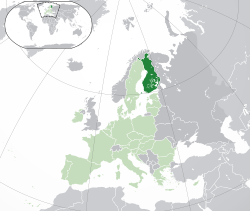 Ibùdó ilẹ̀  Fínlándì  (dark green) – on the European continent  (light green & dark grey) – in the European Union  (light green)  —  [Legend]