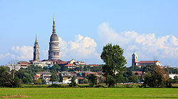 A panorama of Novara, showing the Basilica of San Gaudenzio, with its campanile and cupola, and Novara Cathedral