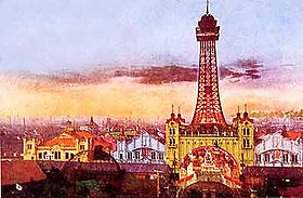 Osaka Luna Park, also known as Shinsekai Luna Park, ca. 1912. An aerial tramway connected the amusement park with the original Tsutenaku Tower. The park closed in 1923; the tower was dismantled 20 years afterward.