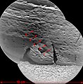 Ова фотографија камена Рокнест 3 комбинује две слике снимљене ChemCam инструментом (уоквирено на претходној слици). Истакнуто је пет тачака на које је испаљен ласер да би се проверио састав стене.