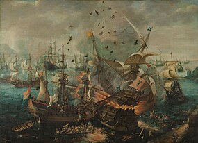 Bitva u Gibraltaru, C. van Wieringen, na obraze výbuch na španělské vlajkové lodi