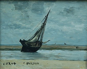 Vissersboot bij eb (Corot, ca. 1830-40)