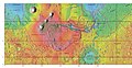 MOLA map showing boundaries of Daedalia Planum and other regions. Colors show elevations.