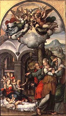 'Nativity with the Two Midwives', oil on canvas painting by Pellegrino Aretusi, Estense Gallery, Modena, Italy.jpg