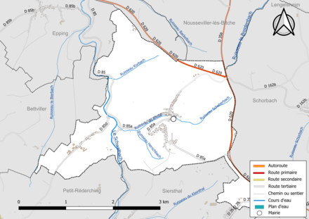 Carte en couleur présentant le réseau hydrographique de la commune