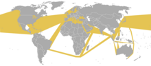 Mapa das zonas oceánicas con maior incidencia de contaminación por petróleo, coincidindo coas principais rutas mundiais de transporte marítimo.