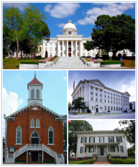 Do topo, da esquerda para a direita: Capitólio Estadual do Alabama, Dexter Avenue Baptist Church, Frank M. Johnson Jr. Federal Building and United States Courthouse e First White House of the Confederacy