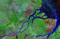 Imatge satellit de l'embocadura d'Amazonas qu'es constituit de plusors estuaris formant un deltà fluviau