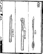 Penggambaran tertua dari panah roket, dari Huolongjing. Panah kanan berbunyi 'panah api' (huo jian), tengah adalah 'panah berbentuk naga' (xing jian jia), dan sebelah kiri adalah 'panah api lengkap' (huo jian quan shi).