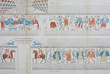 Reproduction sur papier blanc des dessins provenant d'une fresque funéraire, en couleur (bleu, rouge marron, jaune et vert), avec des figures de cavaliers, de cultivateurs, de musiciens et de riches banquetant.