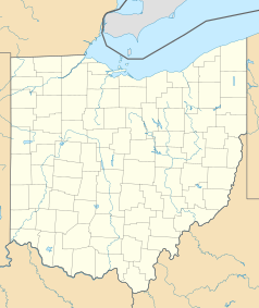 Mapa konturowa Ohio, u góry po prawej znajduje się punkt z opisem „Kirtland Hills”