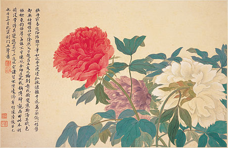 Pivoines. Yun Shouping 1672, Dynastie Qing. Encre et couleurs légères sur papier. Feuille d'un album réalisé avec Wang Hui. 40 × 58 cm.