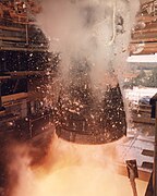 Test firing of a Space Shuttle Main Engine in the A-1 Test Stand.