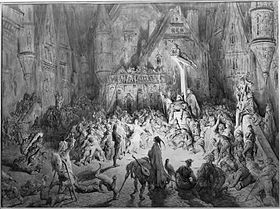 Clopin Trouillefou trônant au milieu de la cour des Miracles. Illustration de Gustave Doré.