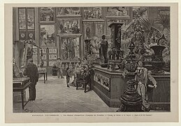 Gravure montrant l'intérieur d'une salle où sont exposés divers objets.