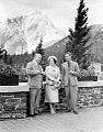 King George VI and Queen Elizabeth talking with Rt. Hon. William Lyon Mackenzie King on the terrace of the Banff Springs Hotel