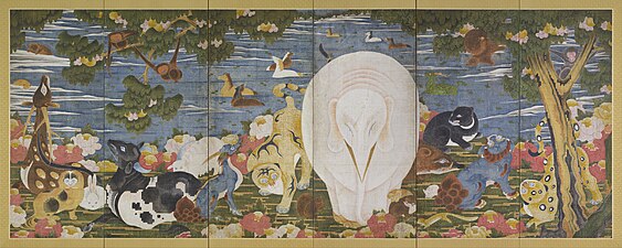 Juka Choju-zu Byobu (樹花鳥獣図屏風, Birds and Animals in the Flower Garden (right panel))