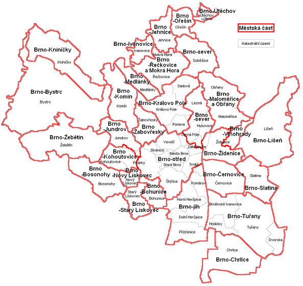 Klikatelná mapa se seznamy kulturních památek v Brně podle městské části