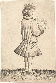 An engraving showing a standing poet with his back towards us in 3/4 profile, looking down at his printed poem