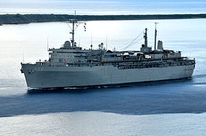 USS Emory S. Land (AS-39) at Apra Harbor, Guam, on 23 January 2018