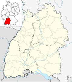 Mapa konturowa Badenii-Wirtembergii, blisko centrum po lewej na dole znajduje się punkt z opisem „Oberndorf am Neckar”