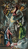 «Kunngjøringen» Øyeblikket da erkeengelen Saint Gabriel kunngjorde til jomfru Maria at hun ville bli mor til Frelseren, Jesus Kristus 1597 - 1600, Museo del Prado