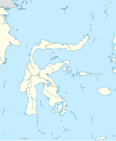 Mapa konturowa Celebesu, po lewej znajduje się punkt z opisem „Palu”