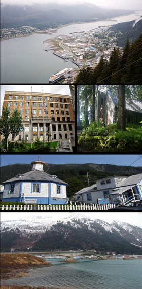 Do topo, da esquerda para a direita: Vista do centro a partir do teleférico do Monte Roberts, Capitólio estadual do Alasca, National Shrine of St. Thérèse, St. Nicholas Russian Orthodox Church, Ponte Juneau-Douglas