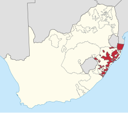 Placering af KwaZulu (rød) i Sydafrika (gul)