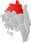 Indre Østfold markert med rødt på fylkeskartet