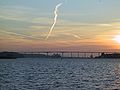 The Svendborgsund Bridge in evening lighting as seen from Christiansminde. Vindeby is to the left, Svendborg to the right.