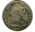 Anverso de moneda de 8 reales (plata) de Carlos III de 1783 resellada en Taiwán.