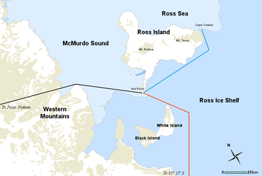 The routes of the expedition's main journeys are shown by differentiated lines emanating from the base at Hut Point.