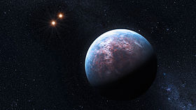 Vue d'artiste de Gliese 667 Cb, avec la binaire Gliese 667 A/B au fond.