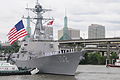 Sailors man the rails of Sampson as she arrives to celebrate Portland Fleet Week festivities during the city's 103rd annual Rose Festival.