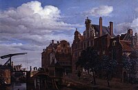Jan van der Heyden (figures probably by Adriaen van de Velde). View in Amsterdam label QS:Len,"View in Amsterdam" label QS:Lpl,"Widok w Amsterdamie" label QS:Lnl,"Gezicht in Amsterdam" circa 1665-1675. oil on panel medium QS:P186,Q296955;P186,Q106857709,P518,Q861259 . 37.5 × 53.3 cm (14.7 × 20.9 in). Barnsley, Cannon Hall Museum.