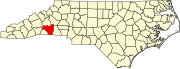 Harta statului North Carolina indicând comitatul Rutherford